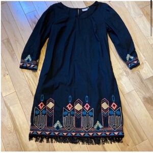 eShakti Black cotton dress colorful embroidery w tassel fringe hem size medium